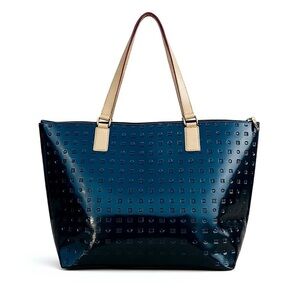 Arcadia Elegant Black Patent Leather Tote Bag Tan Leather Straps